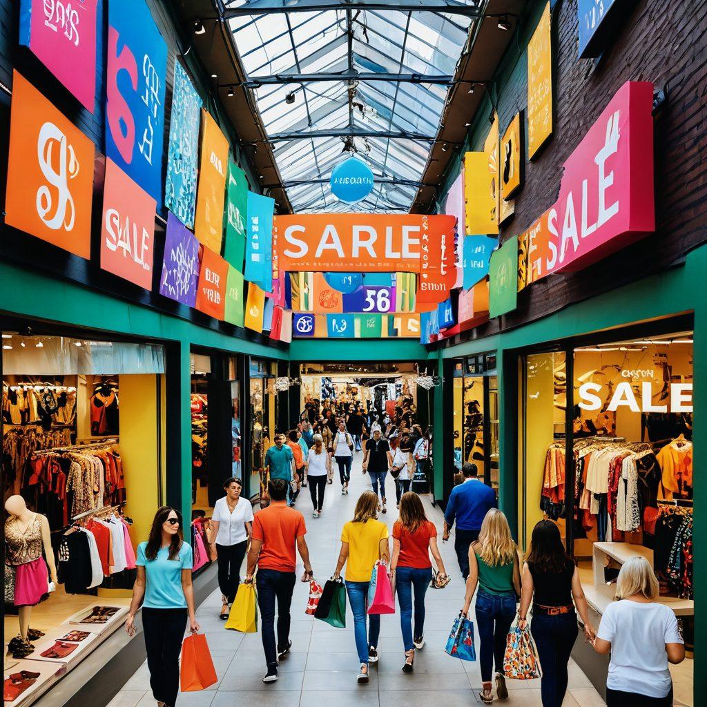 A vibrant shopping scene showcasing bustling discount outlets filled with excited shoppers exploring racks of colorful clothes and accessories. Include signs with bold 'Discount' and 'Sale' tags hanging above, and a background of a bright, sunny day. Capture the essence of smart shopping with shopping bags in hand and happy expressions on people's faces. super-realistic. vibrant colors. lively atmosphere.
