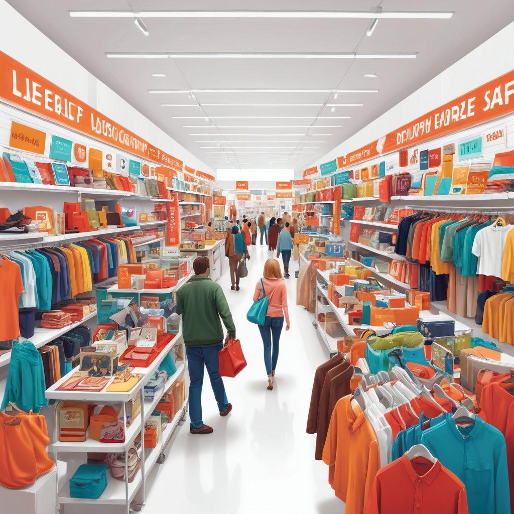A colorful marketplace scene showcasing various clearance items and discounted inventory, with a spotlight effect highlighting unique products like clothing, electronics, and home goods. Include enthusiastic shoppers exploring the bargains, surrounded by vibrant sale signs and price tags. Emphasize a sense of excitement and discovery in a dynamic layout. vector art. vibrant colors. white background.